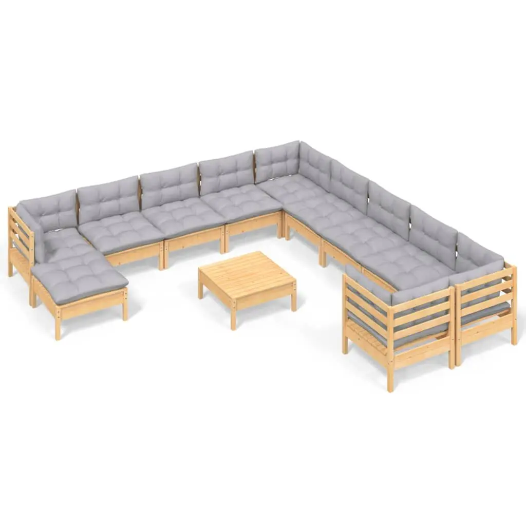 12 Piece Patio Lounge Set Gray Cushions Pinewood Outdoor Furniture