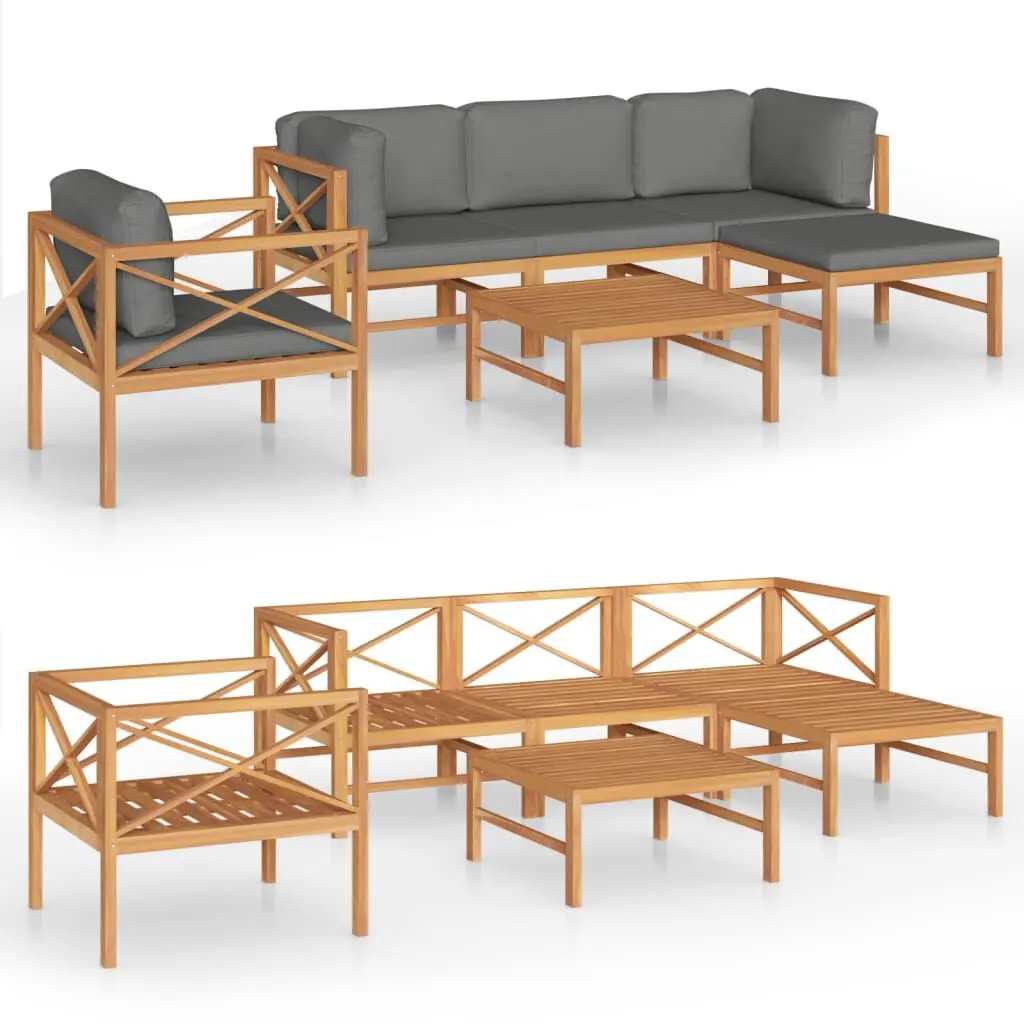 6 Piece Patio Lounge Set Gray Cushions Solid Teak Wood Outdoor Furniture