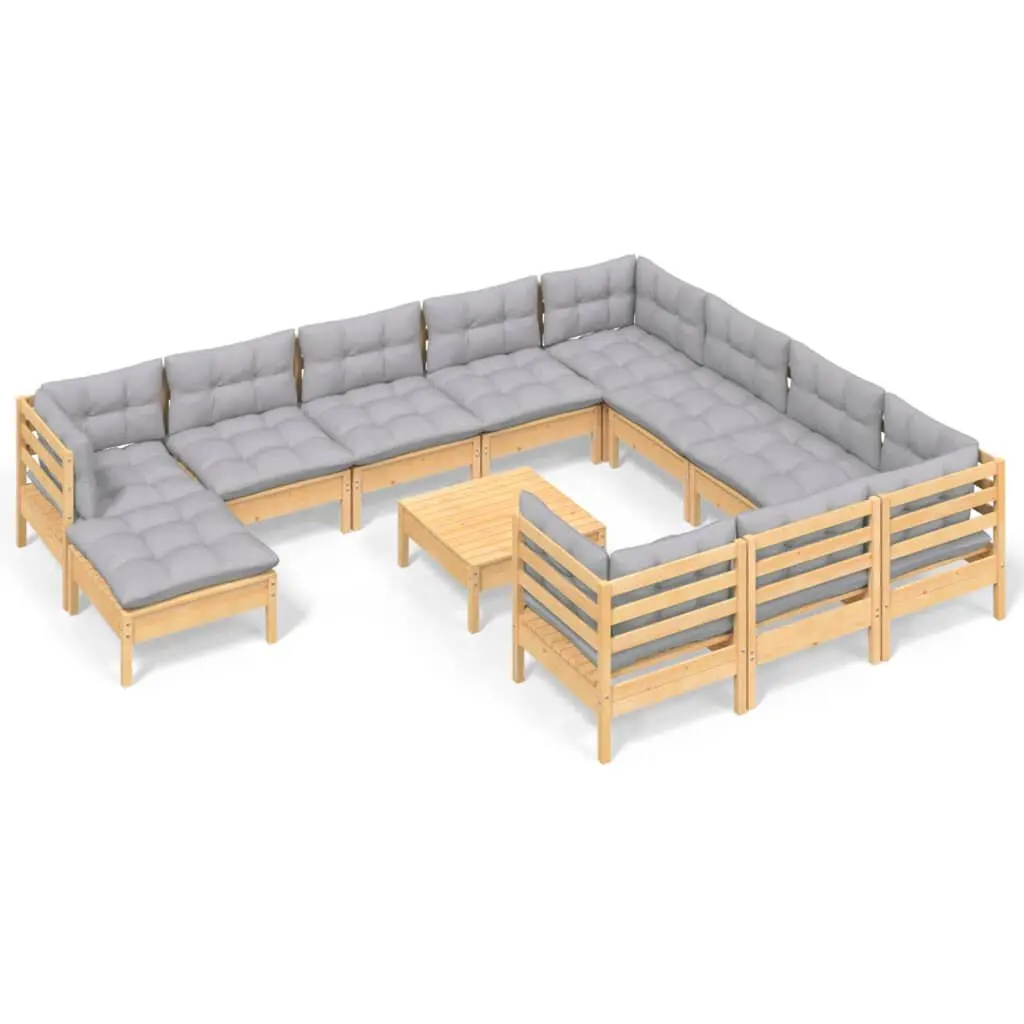 12 Piece Patio Lounge Set Gray Cushions Pinewood Outdoor Furniture