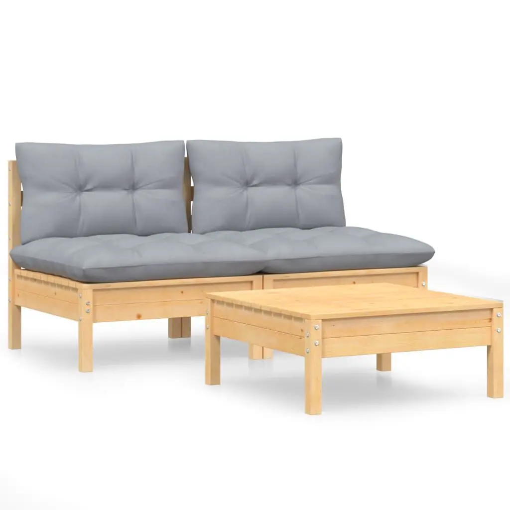 3 Piece Patio Lounge Set Gray Cushions Pinewood Outdoor Furniture