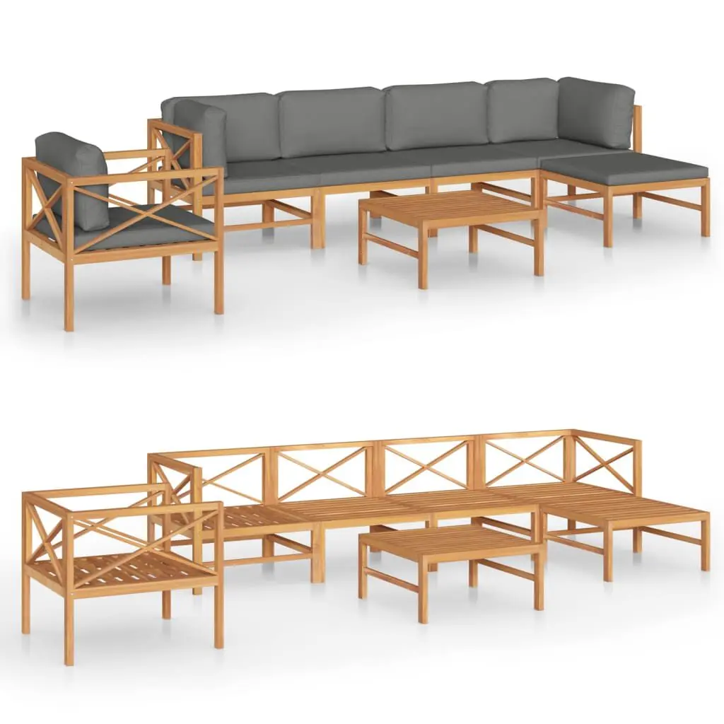7 Piece Patio Lounge Set Gray Cushions Solid Teak Wood Outdoor Furniture