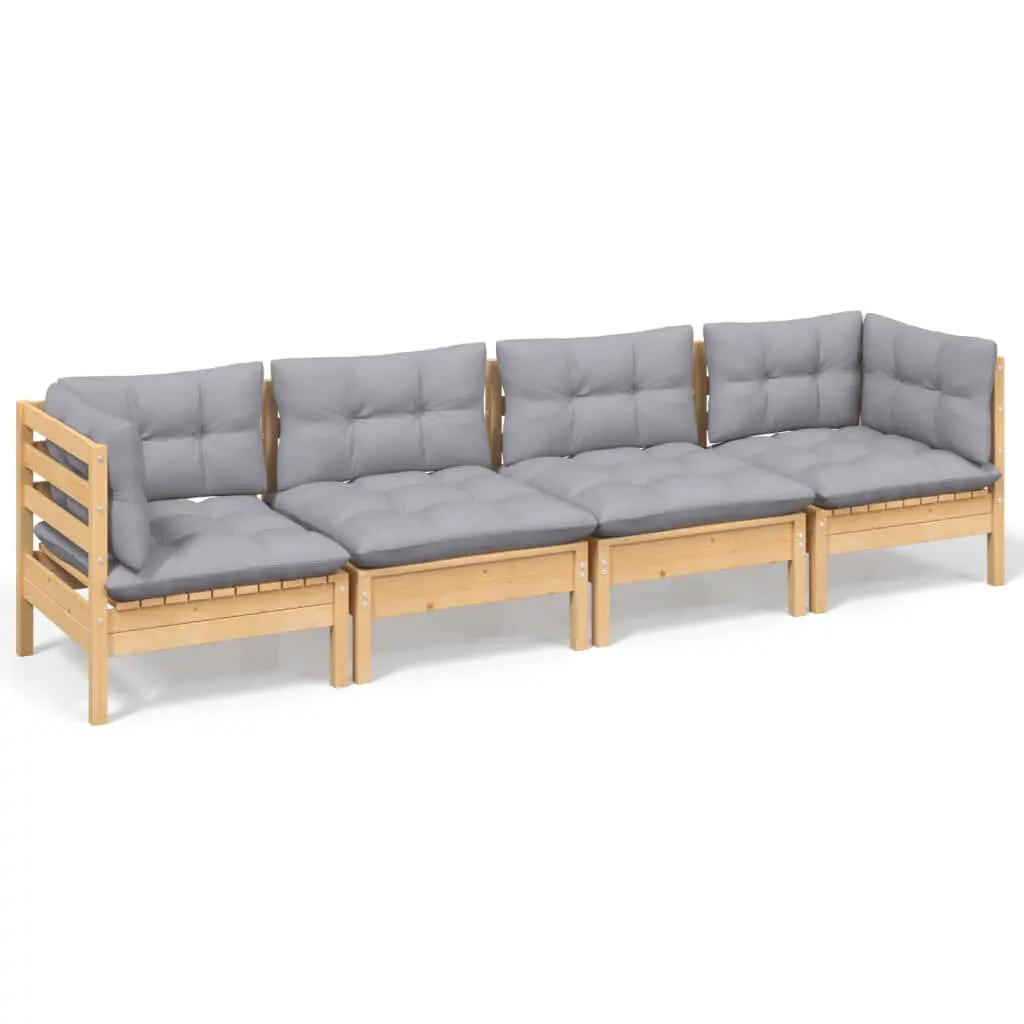 4 Piece Patio Lounge Set Gray Cushions Solid Pinewood Outdoor Seating