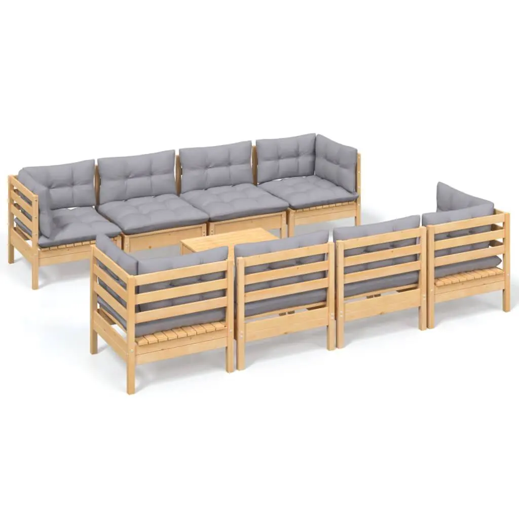 9 Piece Patio Lounge Set Gray Cushions Solid Pinewood Outdoor Furniture