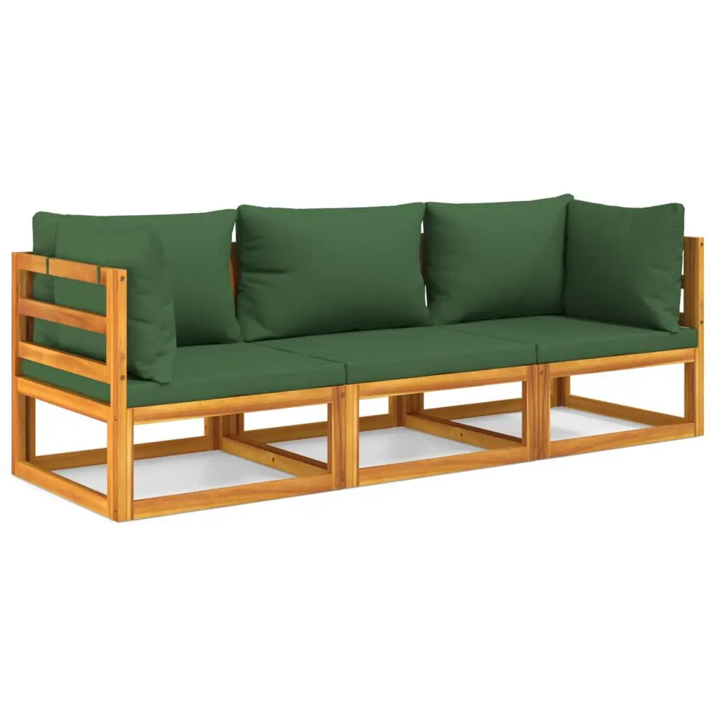 3 Piece Patio Lounge Set Green Cushions Solid Wood Outdoor Furniture