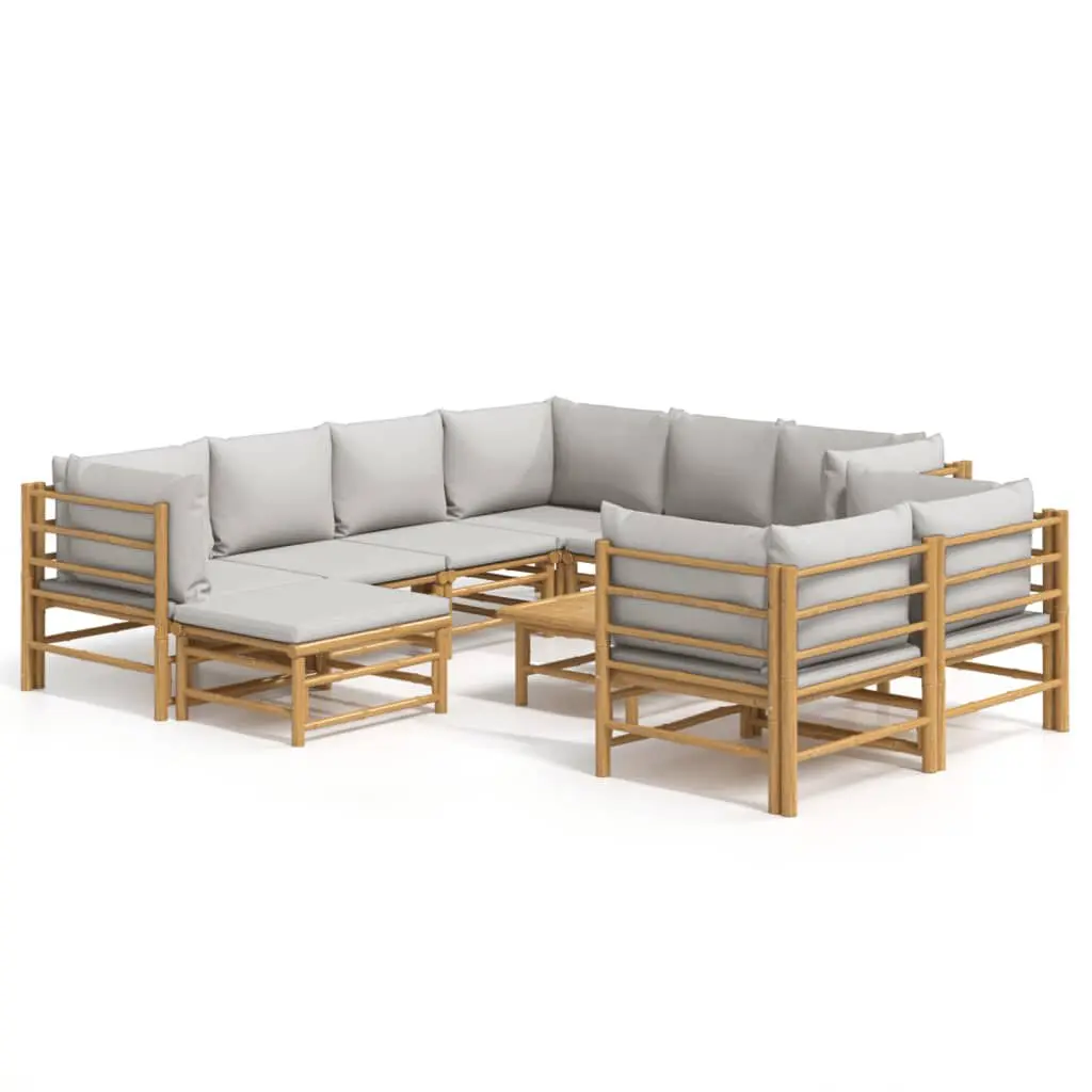 10 Piece Patio Lounge Set Light Gray Cushions Bamboo Outdoor Furniture