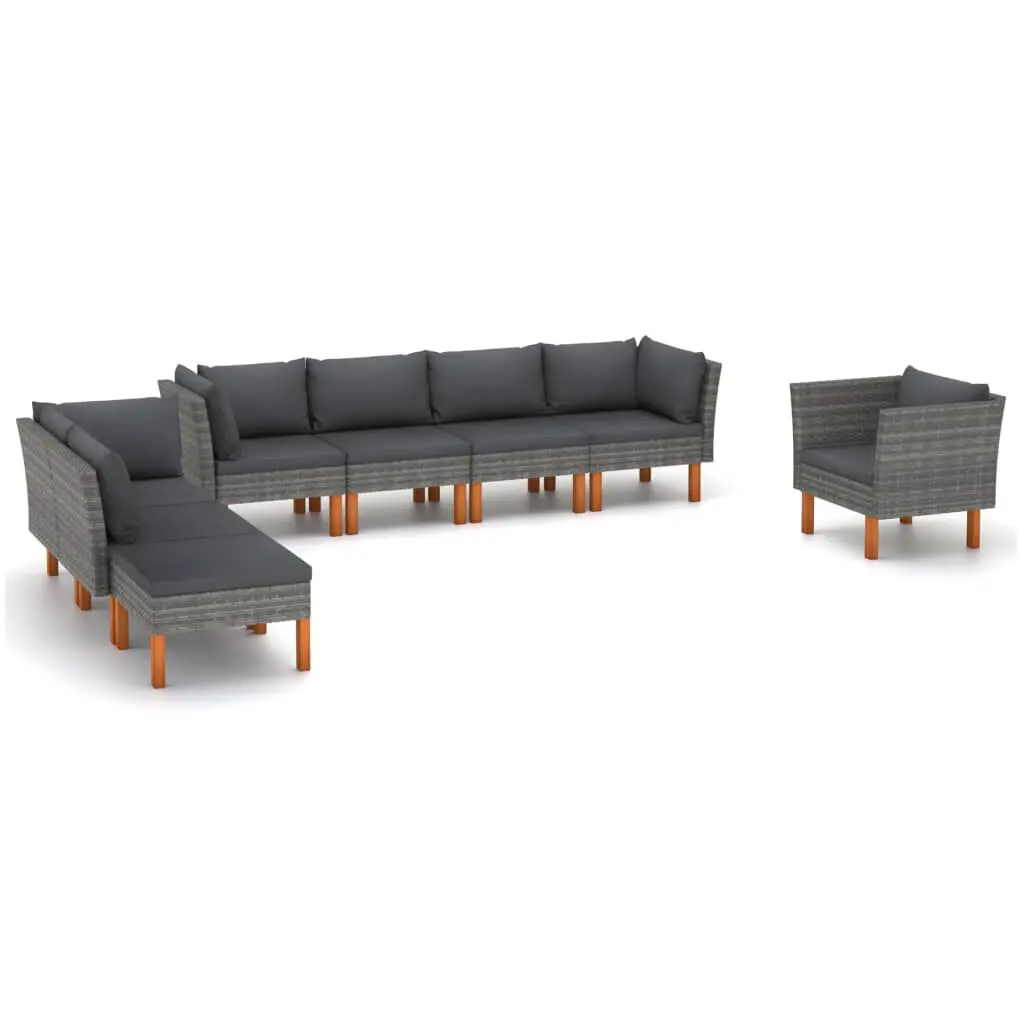 8 Piece Patio Lounge Set Poly Rattan and Eucalyptus Wood Gray Outdoor Furniture