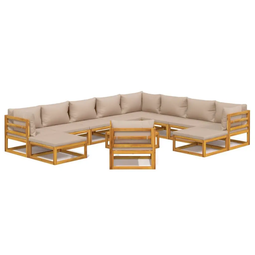 12 Piece Patio Lounge Set Taupe Cushions Solid Wood Outdoor Furniture