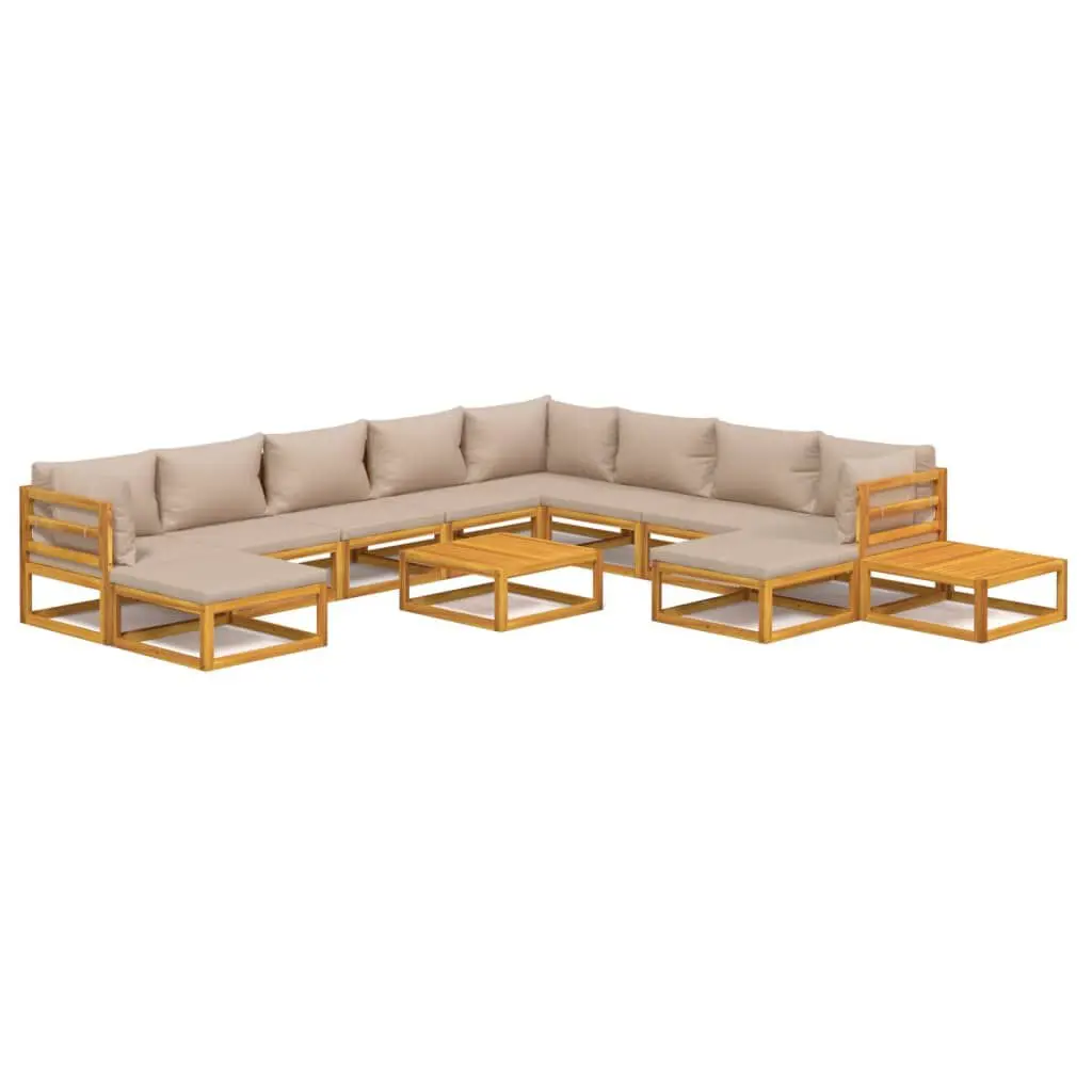 12 Piece Patio Lounge Set Taupe Cushions Solid Wood Outdoor Seating