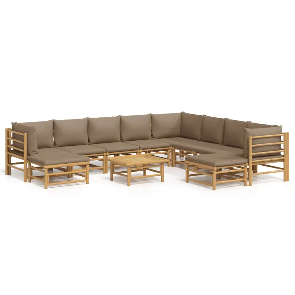 11 Piece Patio Lounge Set Taupe Cushions Bamboo Outdoor Seating