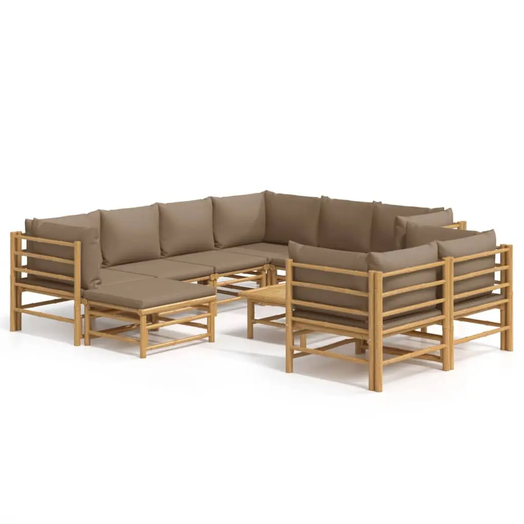 10 Piece Patio Lounge Set Taupe Cushions Bamboo Outdoor Furniture