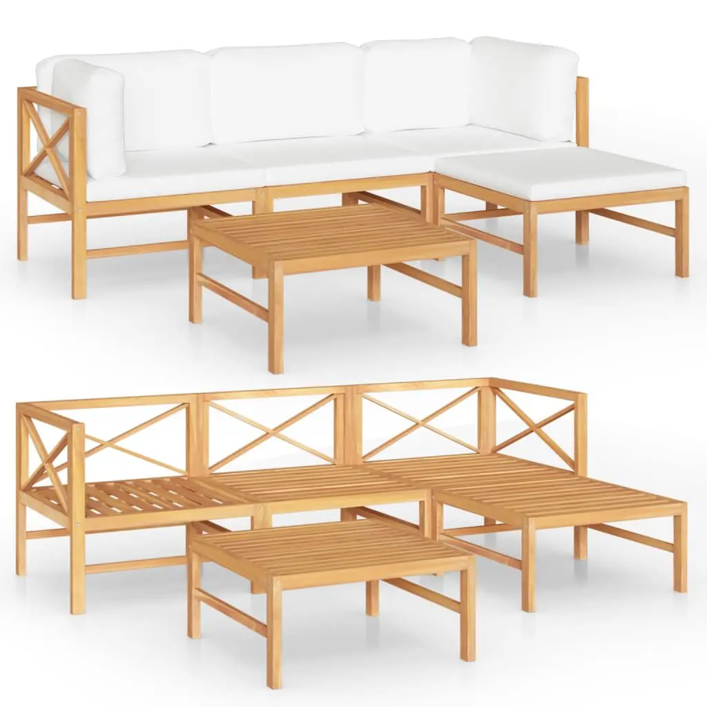 5 Piece Solid Teak Wood Patio Lounge Set Cream Cushions