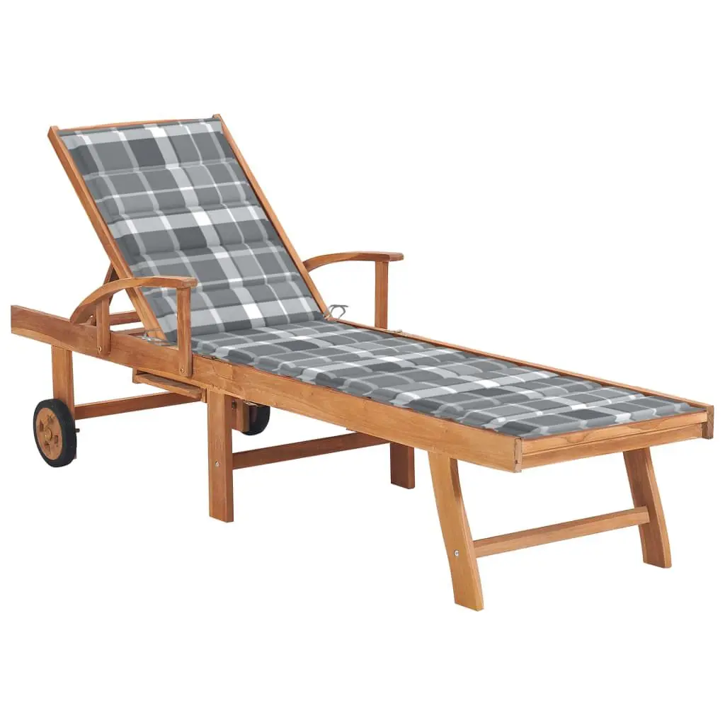 Sun Lounger Gray Check Pattern Cushion Solid Teak Wood Outdoor Patio Furniture