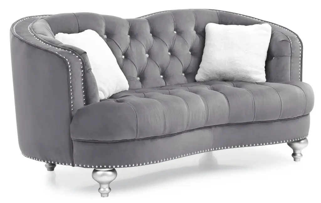 Charming Gray Loveseat Recessed Arms Gray Foam Velvet glory furniture