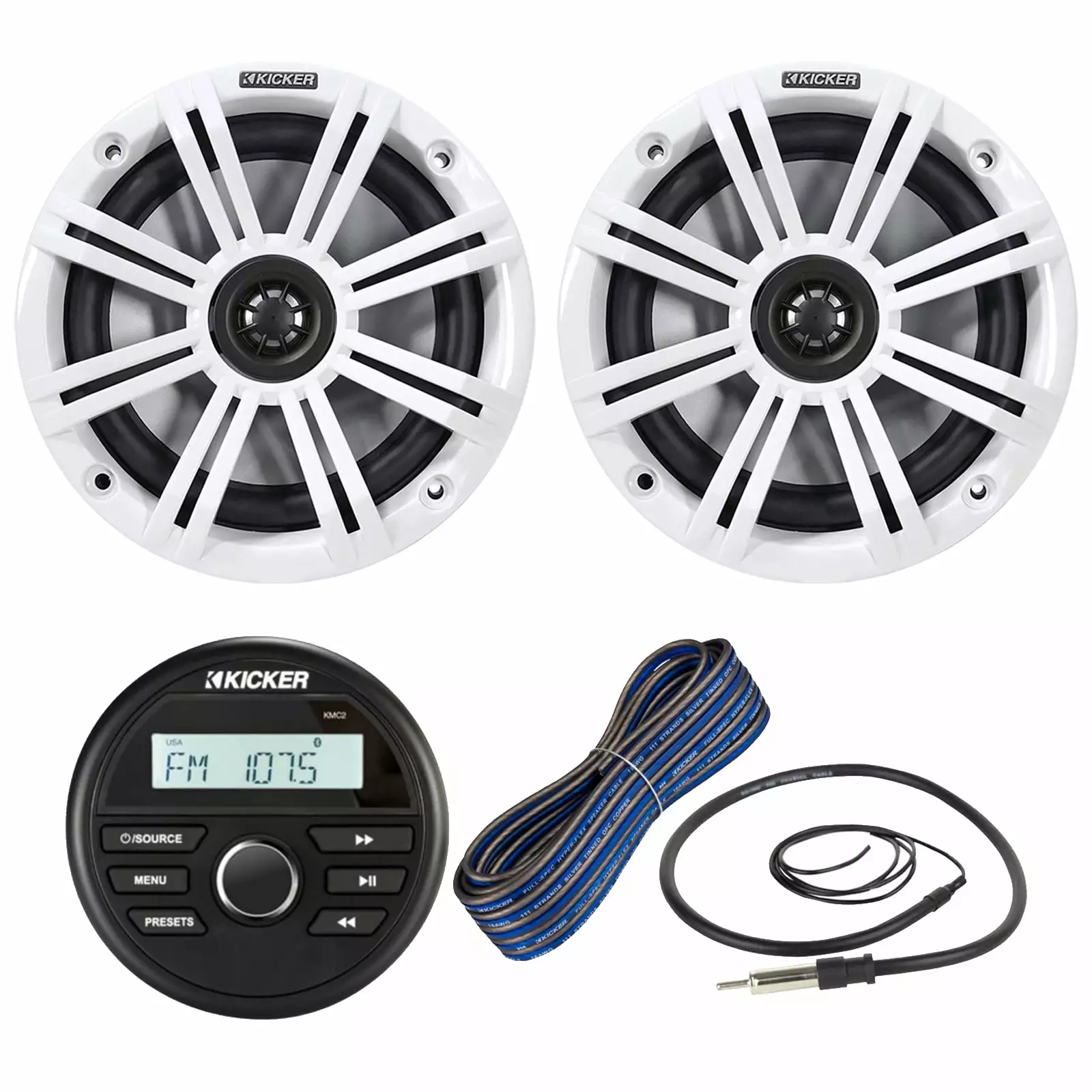 Kicker Marine Bluetooth Stereo Bundle 6.5 Inch Boat Speakers and LED Lights
