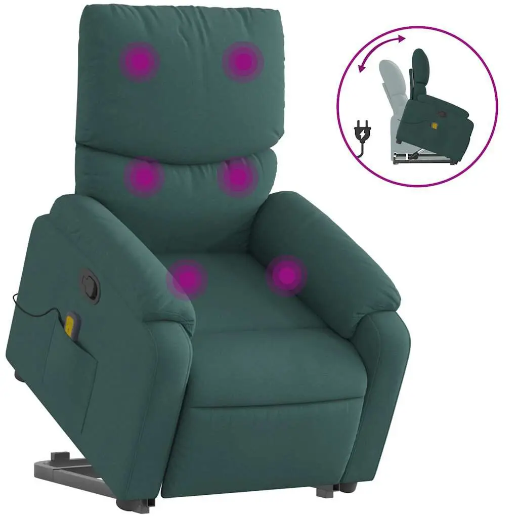 Stand up Massage Recliner Chair Dark Green Fabric Remote Control