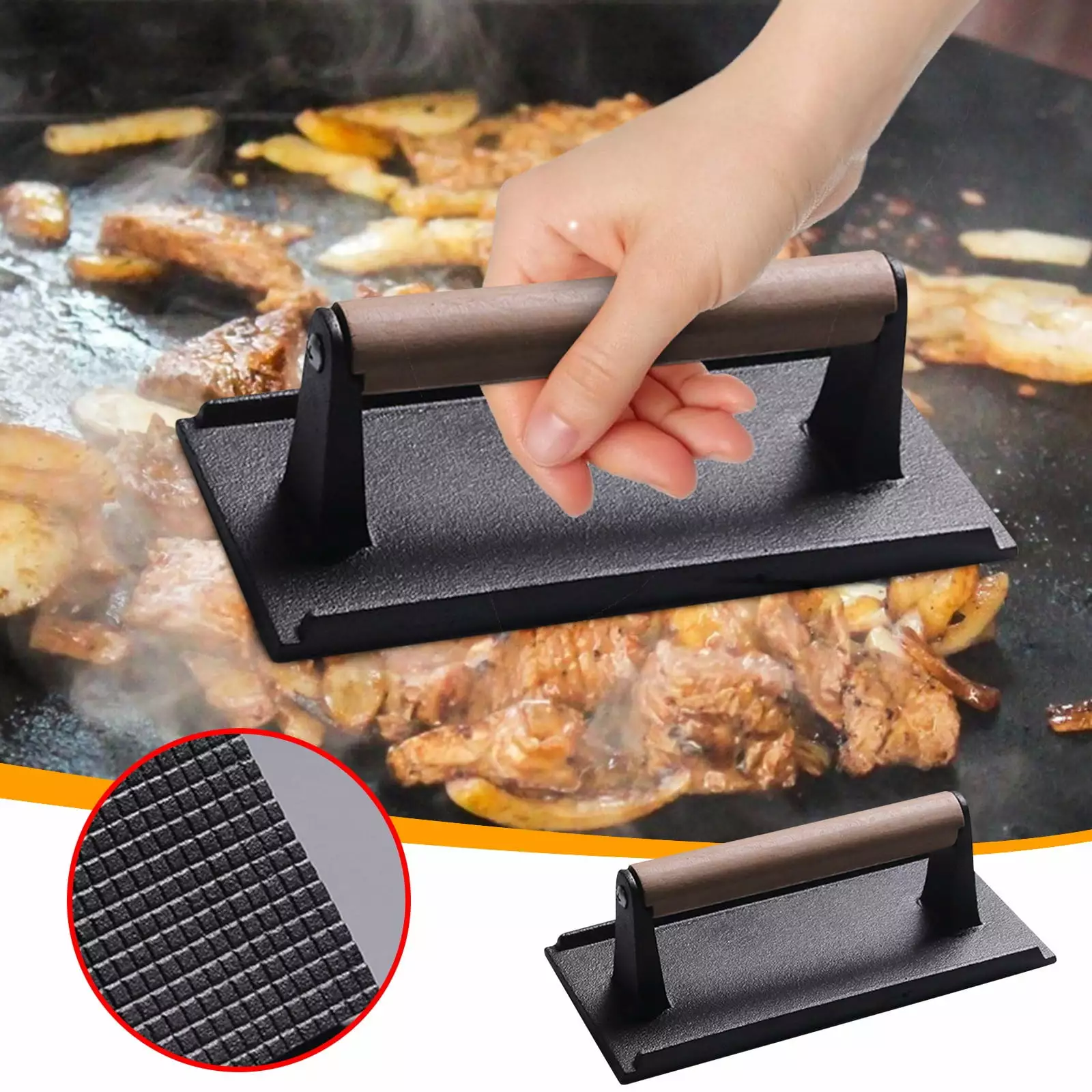 Iron Rectangular Lattice Meat Press Board Wooden Handle Cooking
