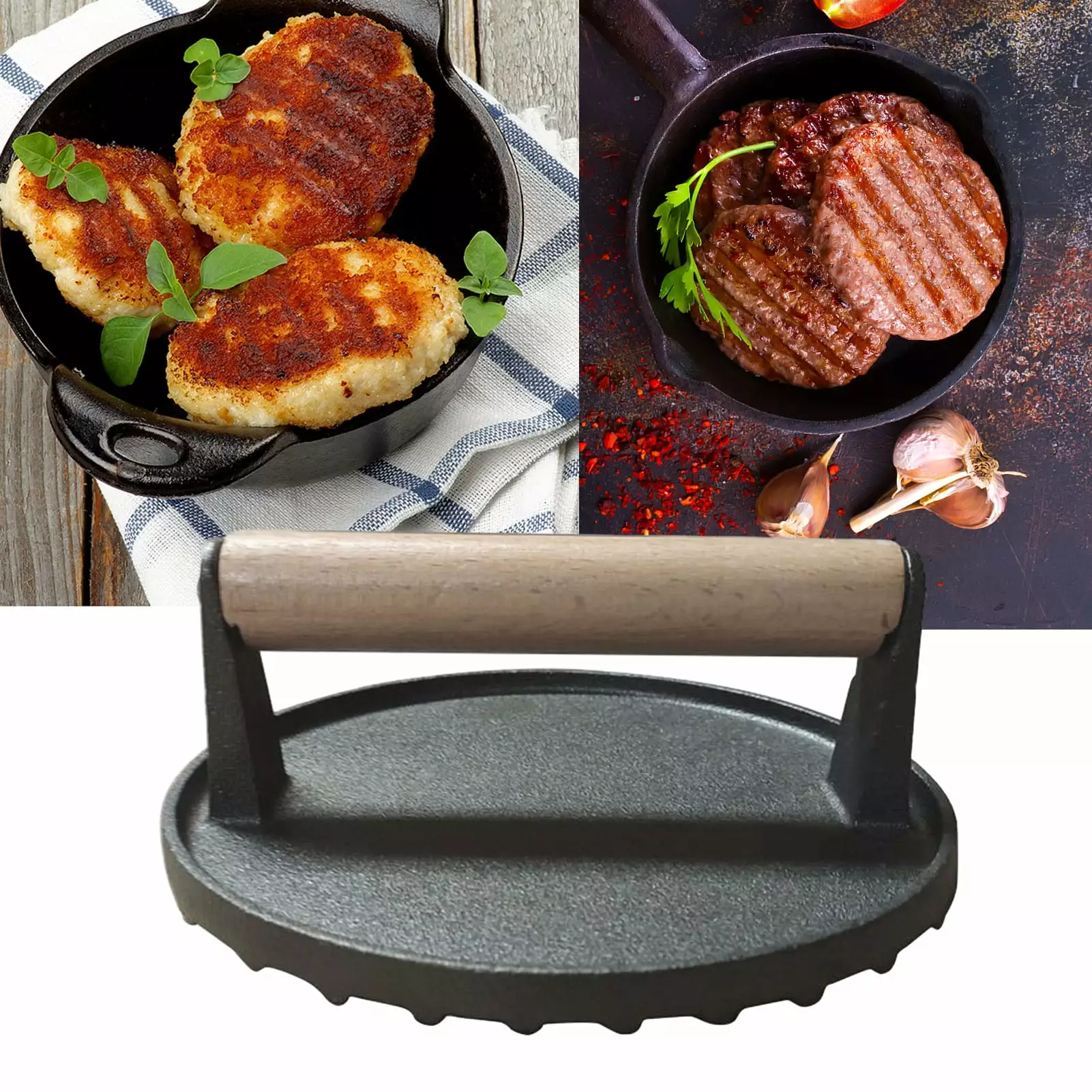 Ludlz Cast Iron Beef Press Board Heat-Resistant Wooden Handle Burgers Steaks Sandwiches