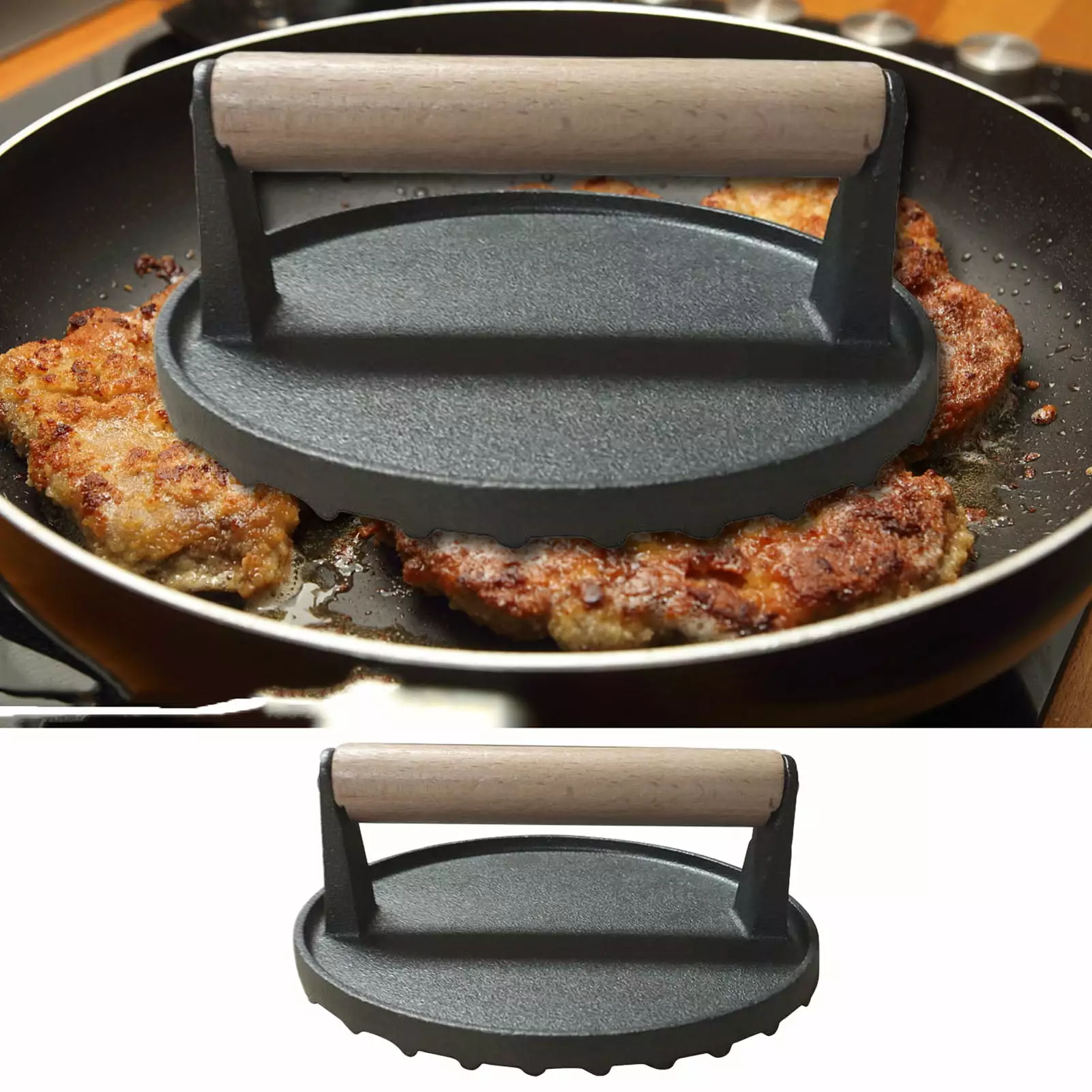 Reheyre Multi-functional Cast Iron Beef Press Board Burgers Steaks and Sandwiches Heat-Resistant Wooden Handle