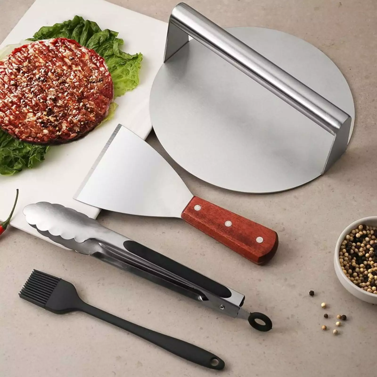 Vekome 304 Stainless Steel Meat Press 4-piece Set Hamburger Meat Cake and Steak Press