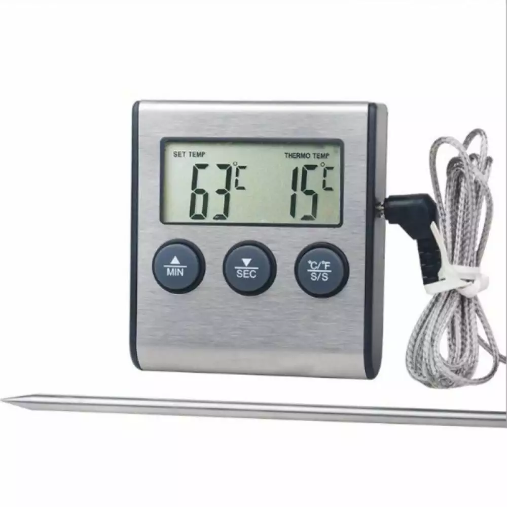 Large LCD Cooking Food Meat Thermometer Smoker Oven Kitchen BBQ Grill - Clock Timer Stainless Steel Temperature Probe