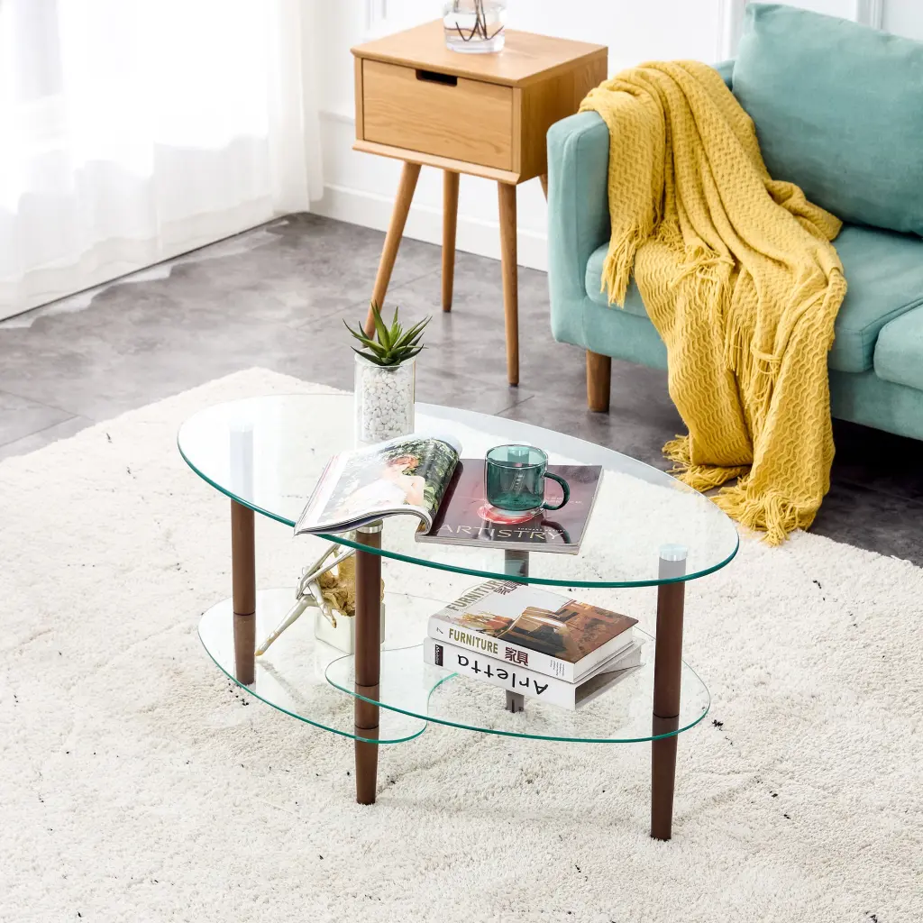 Transparent Oval Crystal Coffee Table Modern Living Room Table Oak Wood Base jws-w241