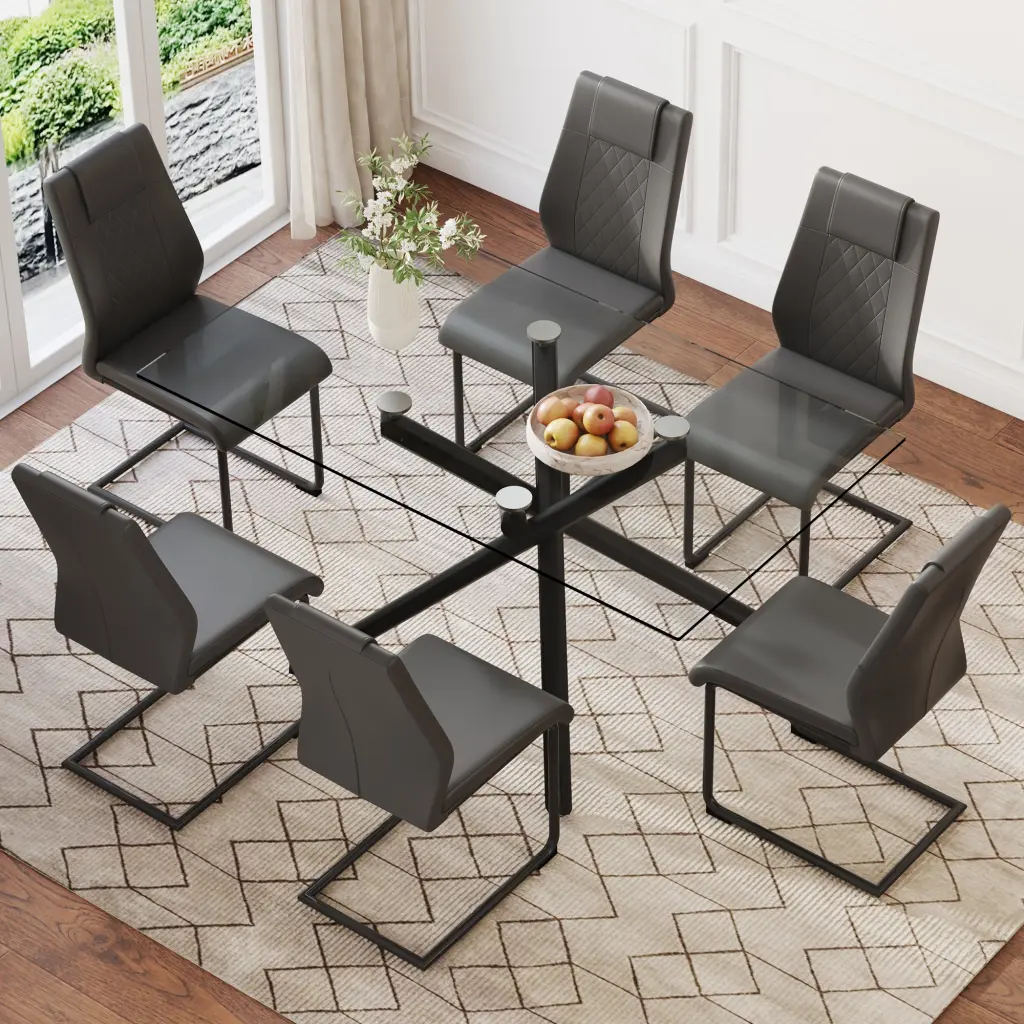 Modern Rectangular Glass Dining Table And Chair Set 0.39 Inch Tempered Top droom w-1151