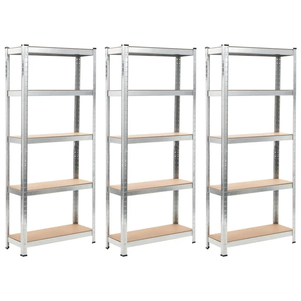 5-Layer Shelves 3 pcs Silver Steel Engineered Wood Storage System