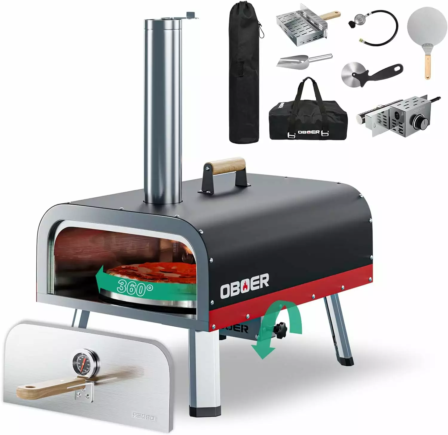 SLSY 13 Inch Multi-Fuel Rotatable Outdoor Pizza Oven, Stainless Steel 3-Layer Wood Fired and Gas Pizza Maker Built- Thermo...