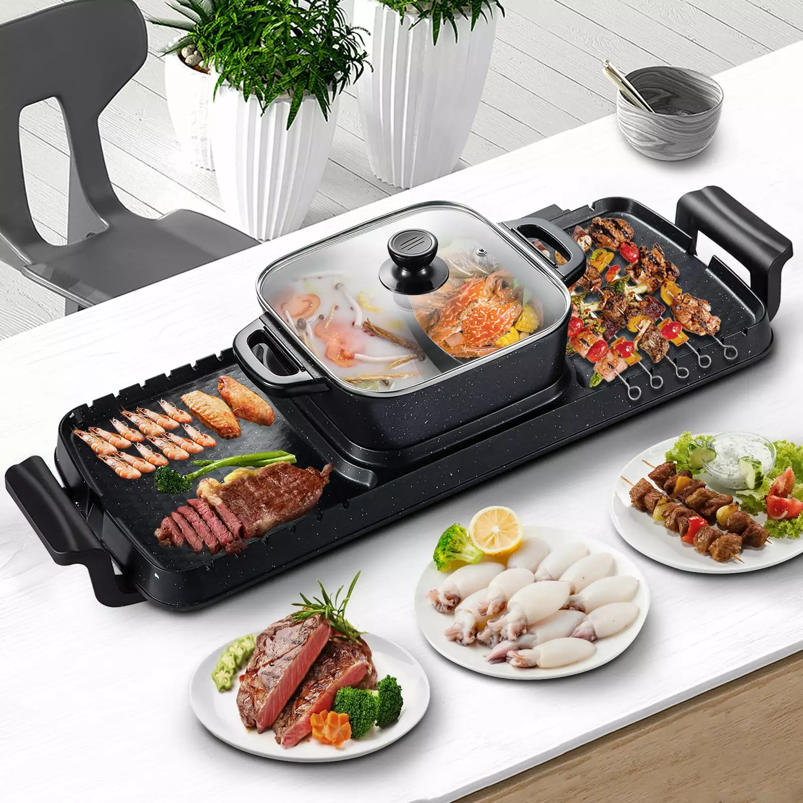 BENTISM 2 1 Electric BBQ Pan Grill and Hot Pot 2400W Travel-friendly Indoor and Outdoor Use