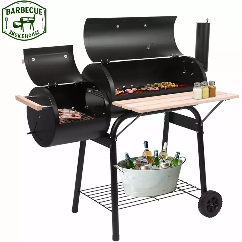 Charcoal Grill Outside BBQ Grill Smoker 2 Cooking Areas Travel-friendly Offset Smoker Small Table Patio Backyard