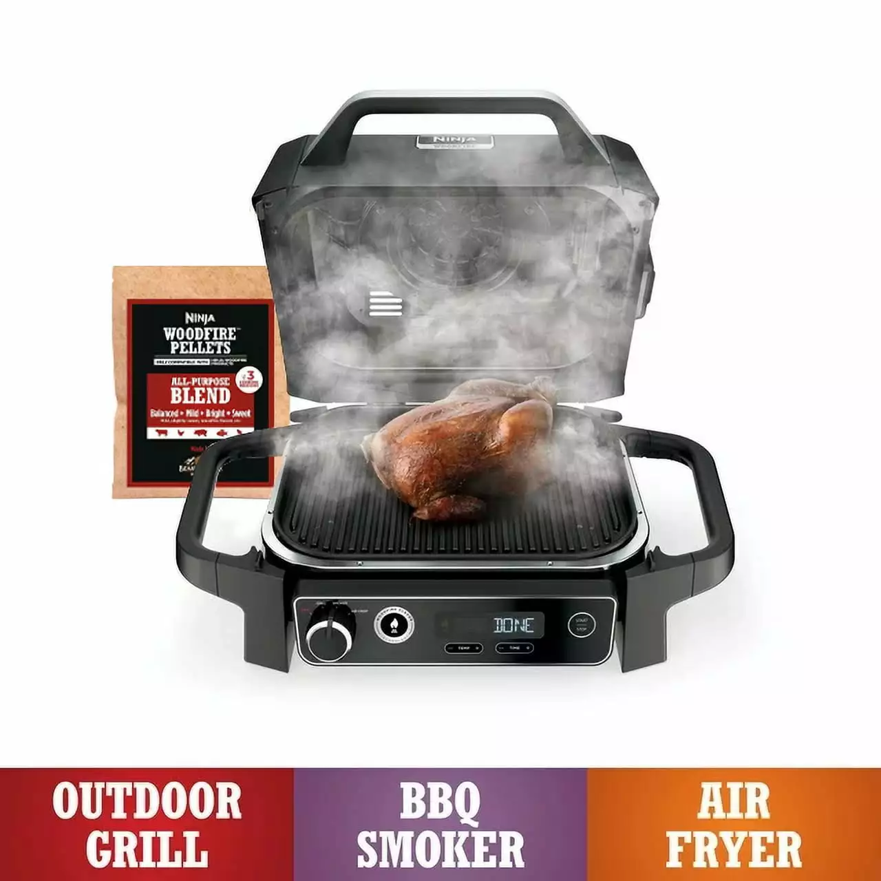 Restored Ninja Woodfire 3--1 Outdoor Grill BBQ Smoker and Air Fryer Woodfire Technology OG700 Refurbished