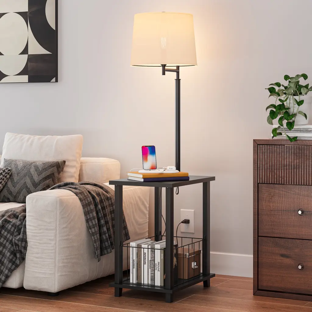 Dextrus 55 Inch Black Tray Table Floor Lamp USB Port Adjustable Lighting