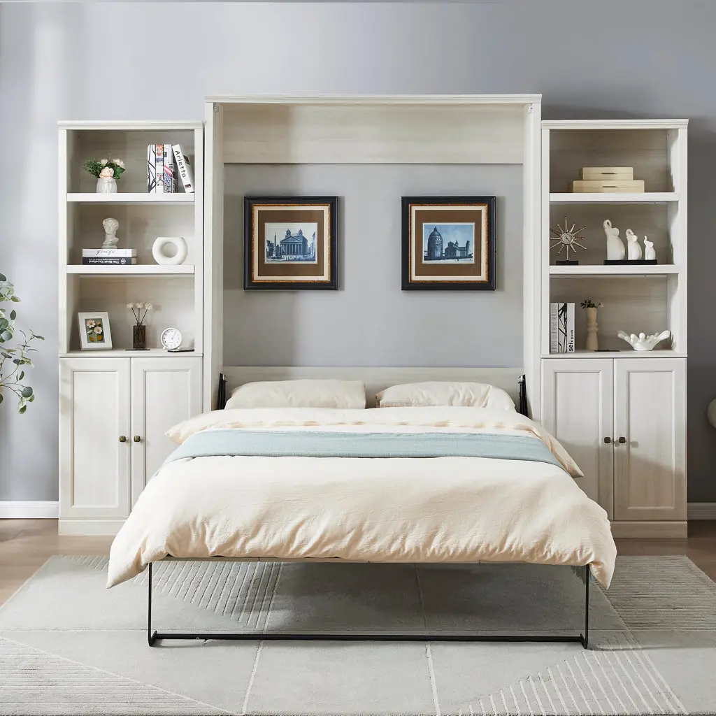 Queen Size Half Self Close Open Murphy Bed 2 Side Cabinet Storage bed best