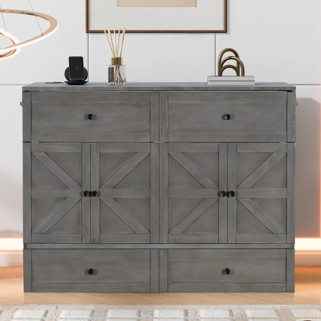 Full Dimensions Murphy Bed Large Drawers and USB Ports Brushed Gray lucky furniture