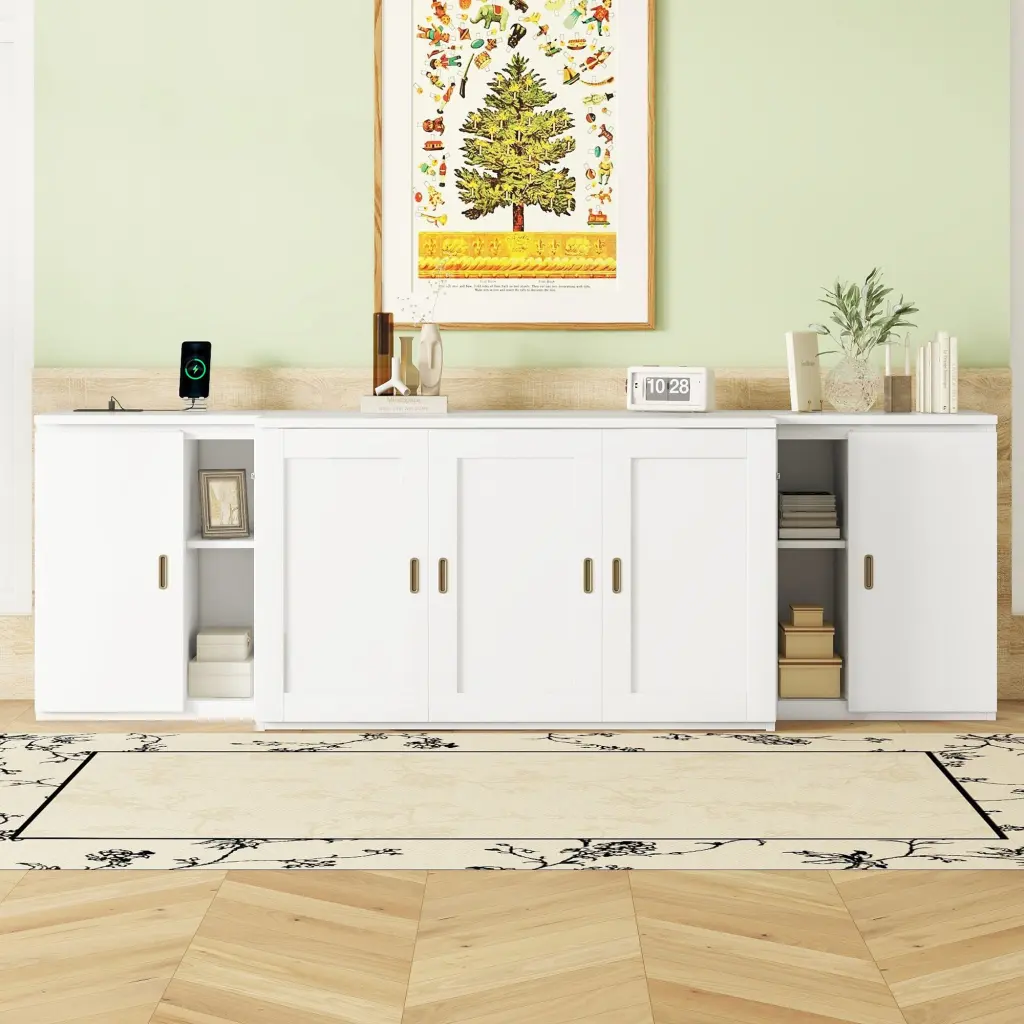 Full Dimensions Murphy Bed Shelves, Cabinets and USB Ports White lucky furniture