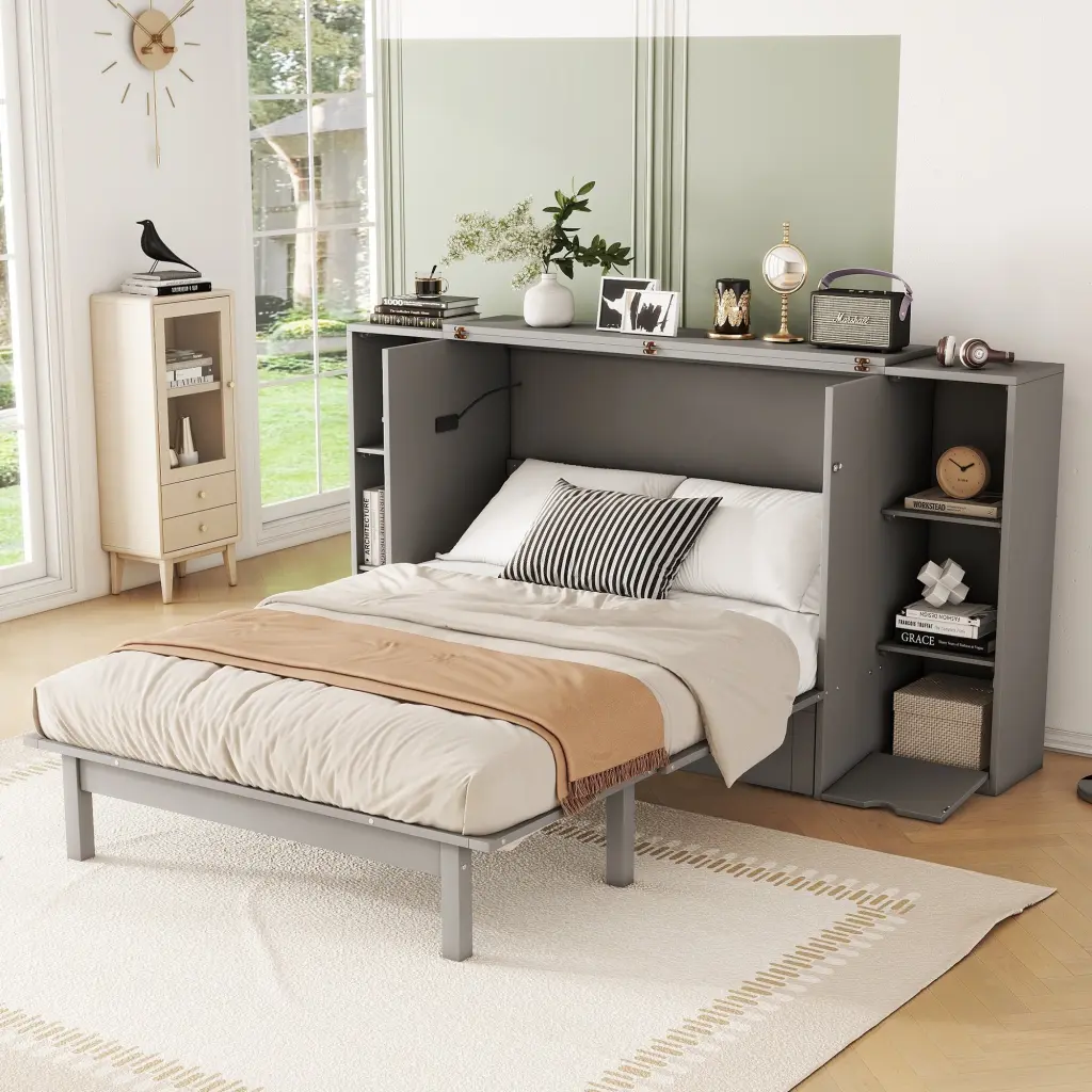 Full Size Murphy Bed Shelves, Drawers and USB Ports Gray MDF lucky furniture