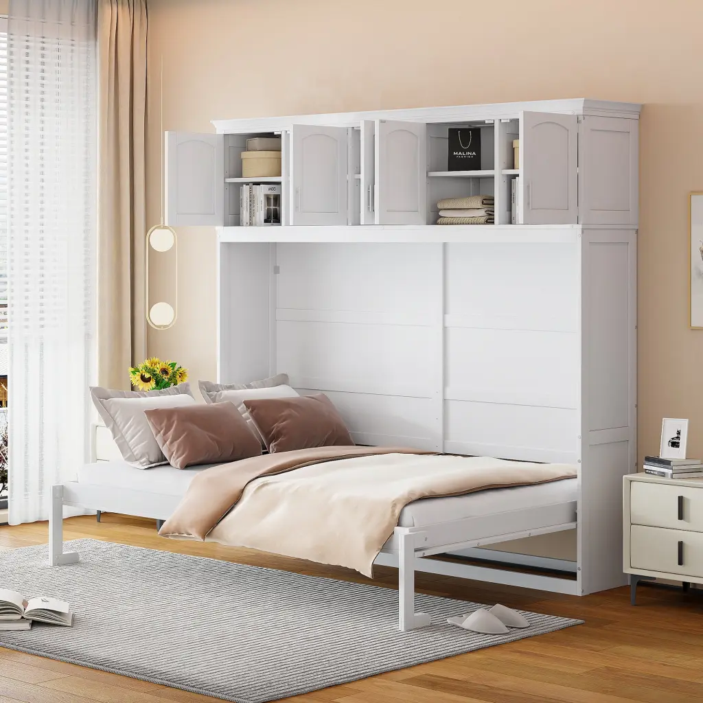 Queen Dimensions Murphy Bed Wall Bed Top Cabinets White Plywood lucky furniture