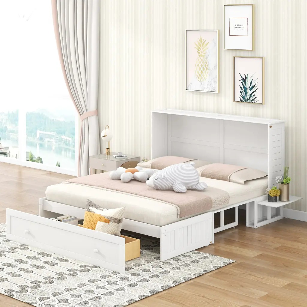 Queen Size Mobile Murphy Bed Drawer And Shelves Space Saving Furniture wm store