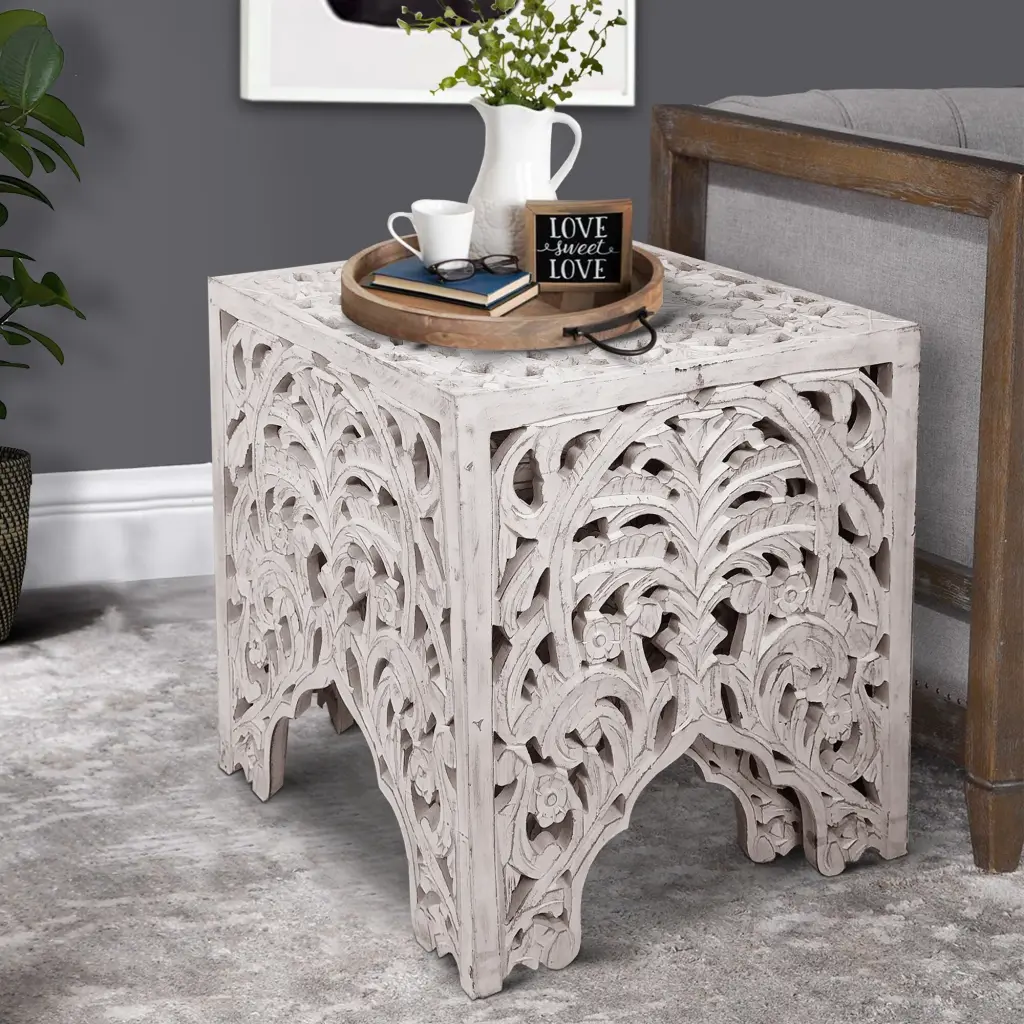 Wooden End Table Floral Cut Out Design Set 2 Antique White - Elegant Bedroom Side Tables Bed Bath & Beyond