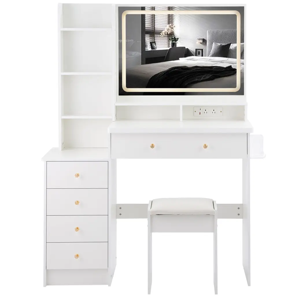 41 Inch Large Left Bedside Cabinet Vanity Table Cushioned Stool crazy elf