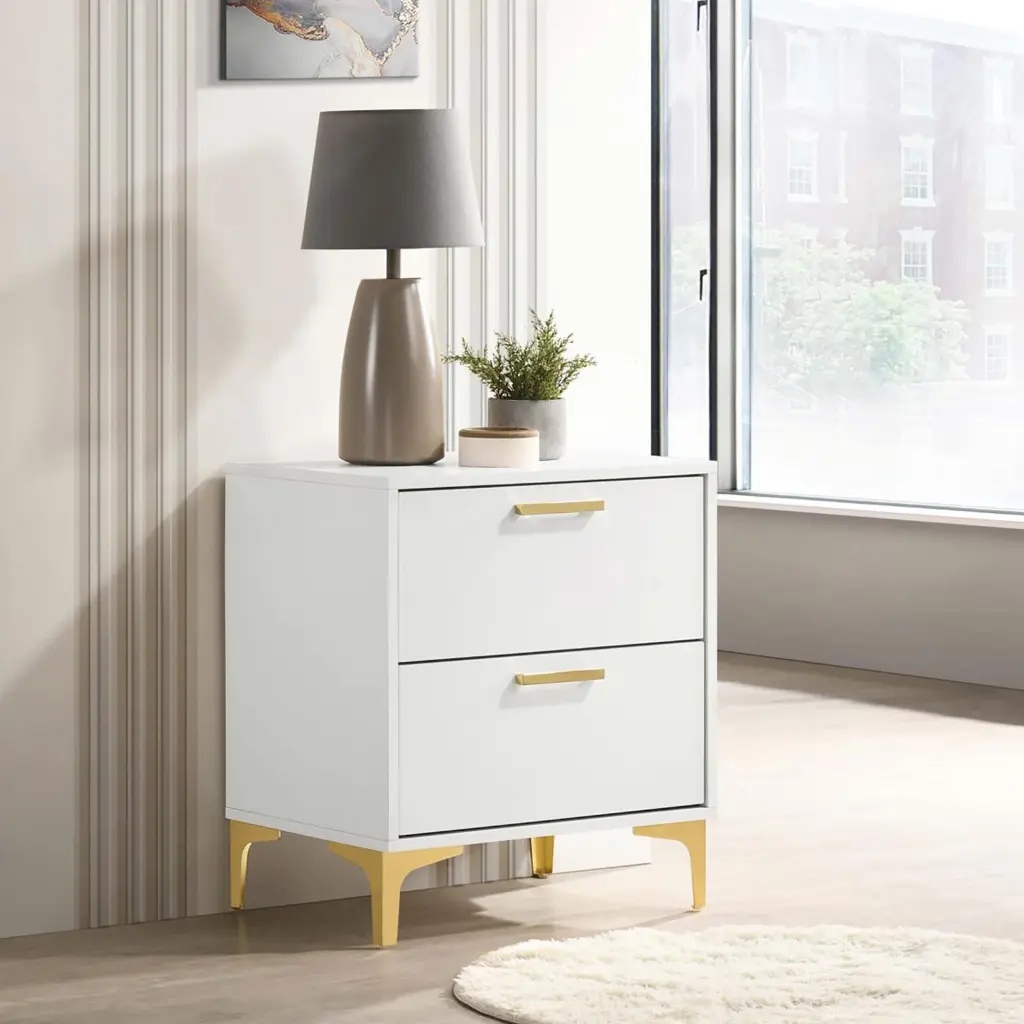 White and Precious Metal 2 Drawer Rectangular Nightstand Modern Design furniture max