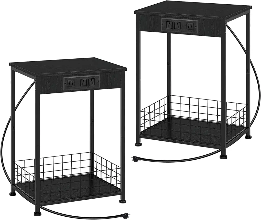 2 Tier Nightstands End Tables Charging Station and Storage Basket Set 2 Black Modern Bedroom Furniture Oumilen