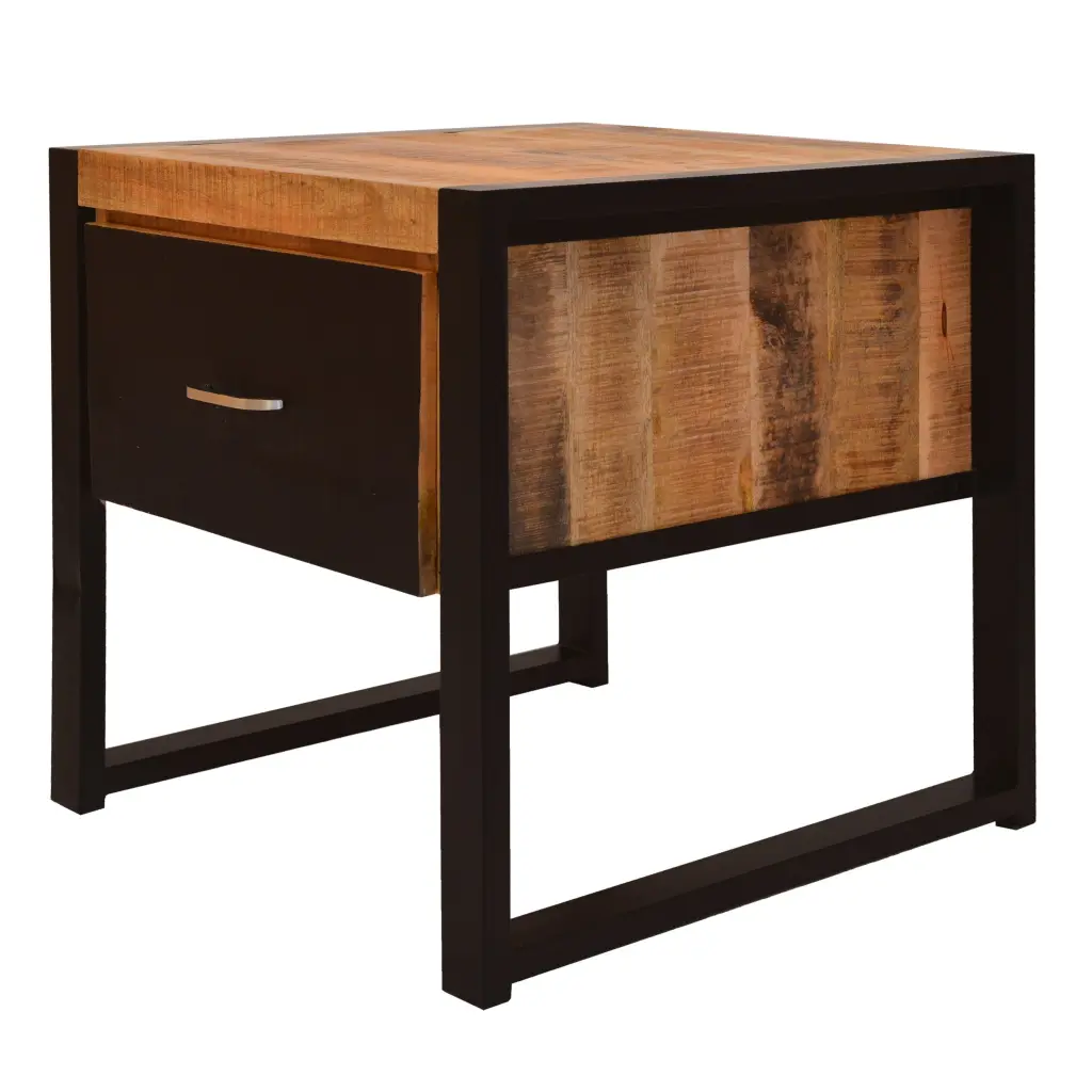 24 Inch Single Drawer Mango Timber Bedside Table Ferrous Metal Sled Style Base royal hampton