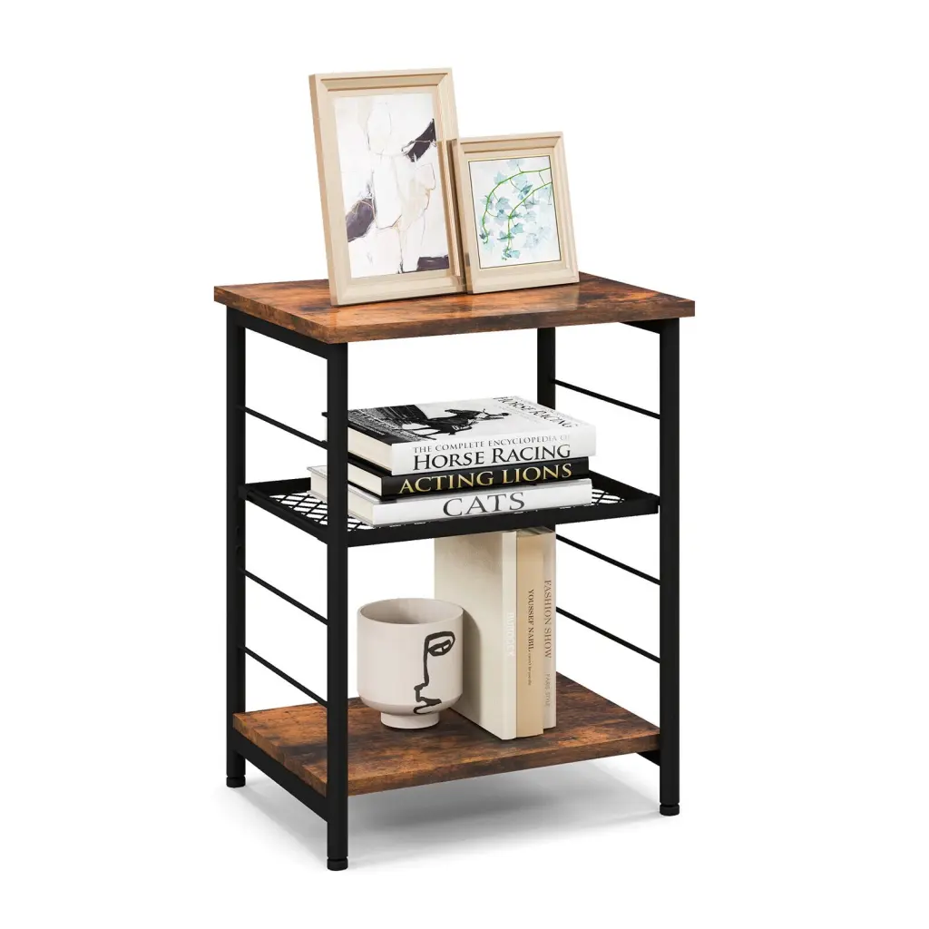 Vicamelia 3-Tier Narrow Side End Table Adjustable Mesh Shelf Rustic Brown Nightstand