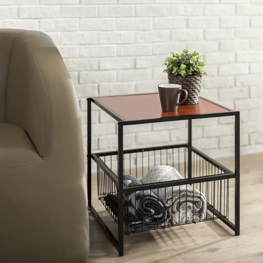 Zinus Dane 20x20 Black Frame Side Table Storage Basket Red Mahogany Wood Grain