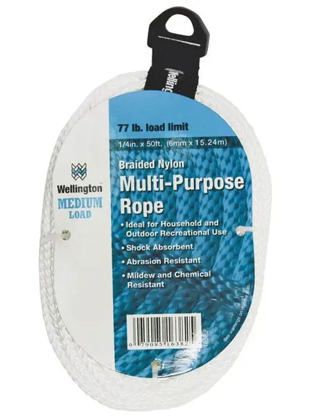 Wellington 16382 Diamond Braided Nylon Multi-Purpose Rope White 1/4 Inch x 50 Feet