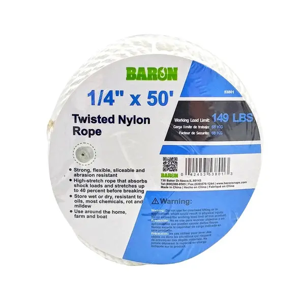 Baron 53801 Twisted Nylon Rope White 1/4 Inch x 50 Feet Durable Outdoor Rope
