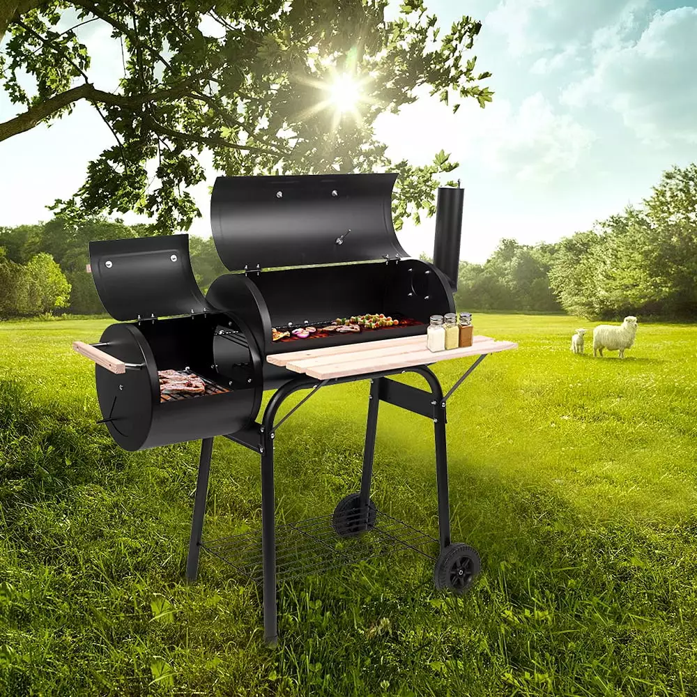 BBQ Charcoal Grill Offset Smoker Travel-friendly Barbeque Grill Wheels and Wooden Handles Backyard Camping Outdoor Picnic ...