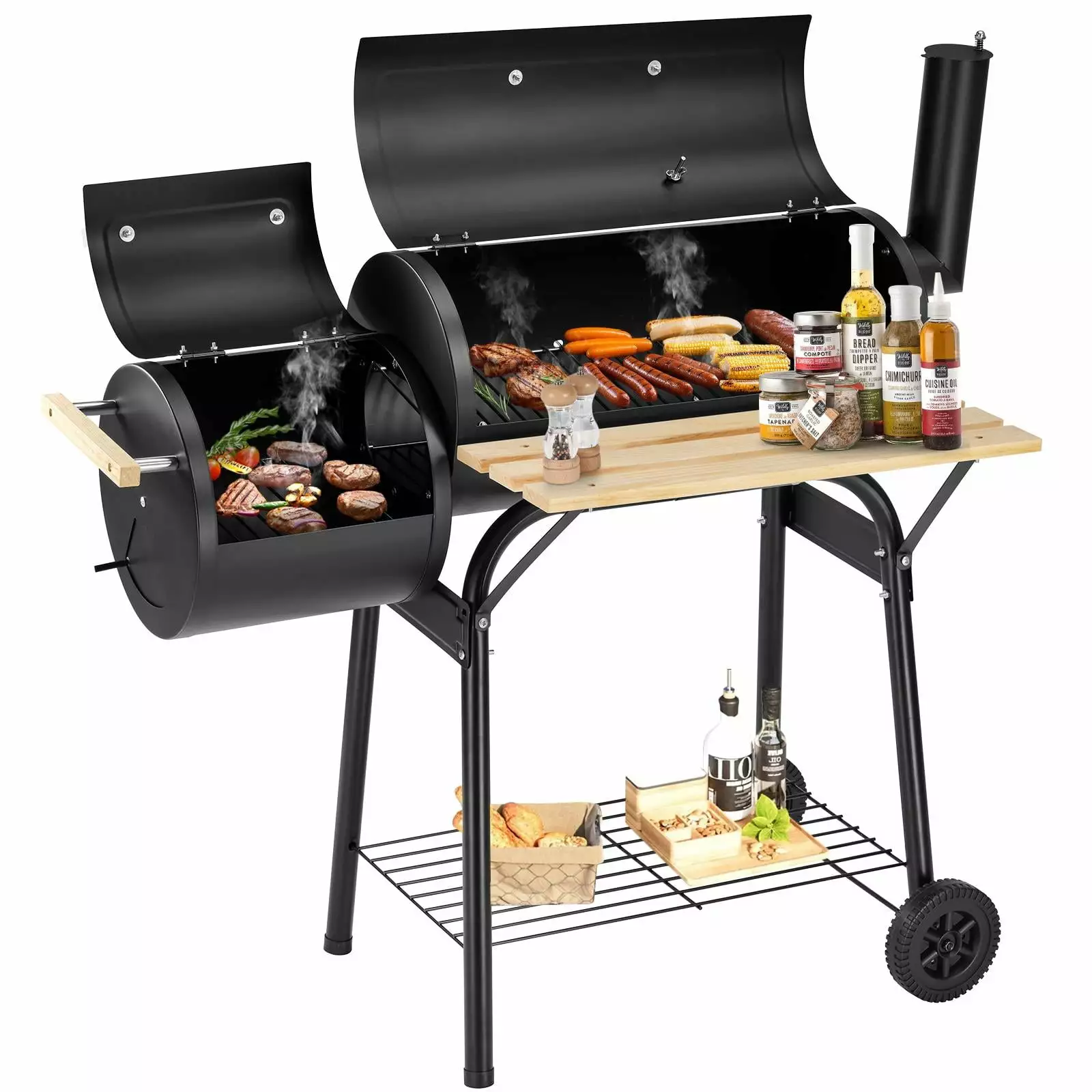 45.28-Inch Offset Smoker BBQ Charcoal Grill Wheels & Thermometer Outdoor Picnic Camping Patio