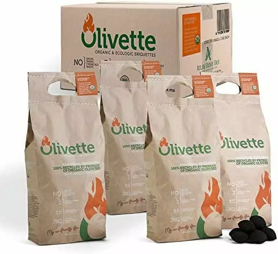 Olivette Organic Charcoal Briquettes USDA Organic Certified 100% Recycled Olive Tree Byproducts 26.4 lbs Bulk Case